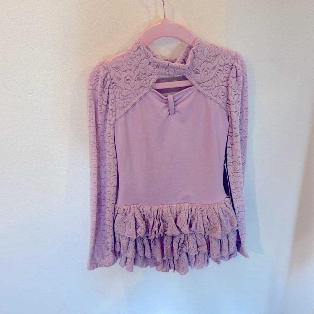 Soft long sleeve leotard with lace and attached skirt